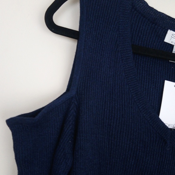 New Ribbed Sparkly Knit V Neck Cold Shoulder Stretchy Sweater Top - Picture 3 of 14